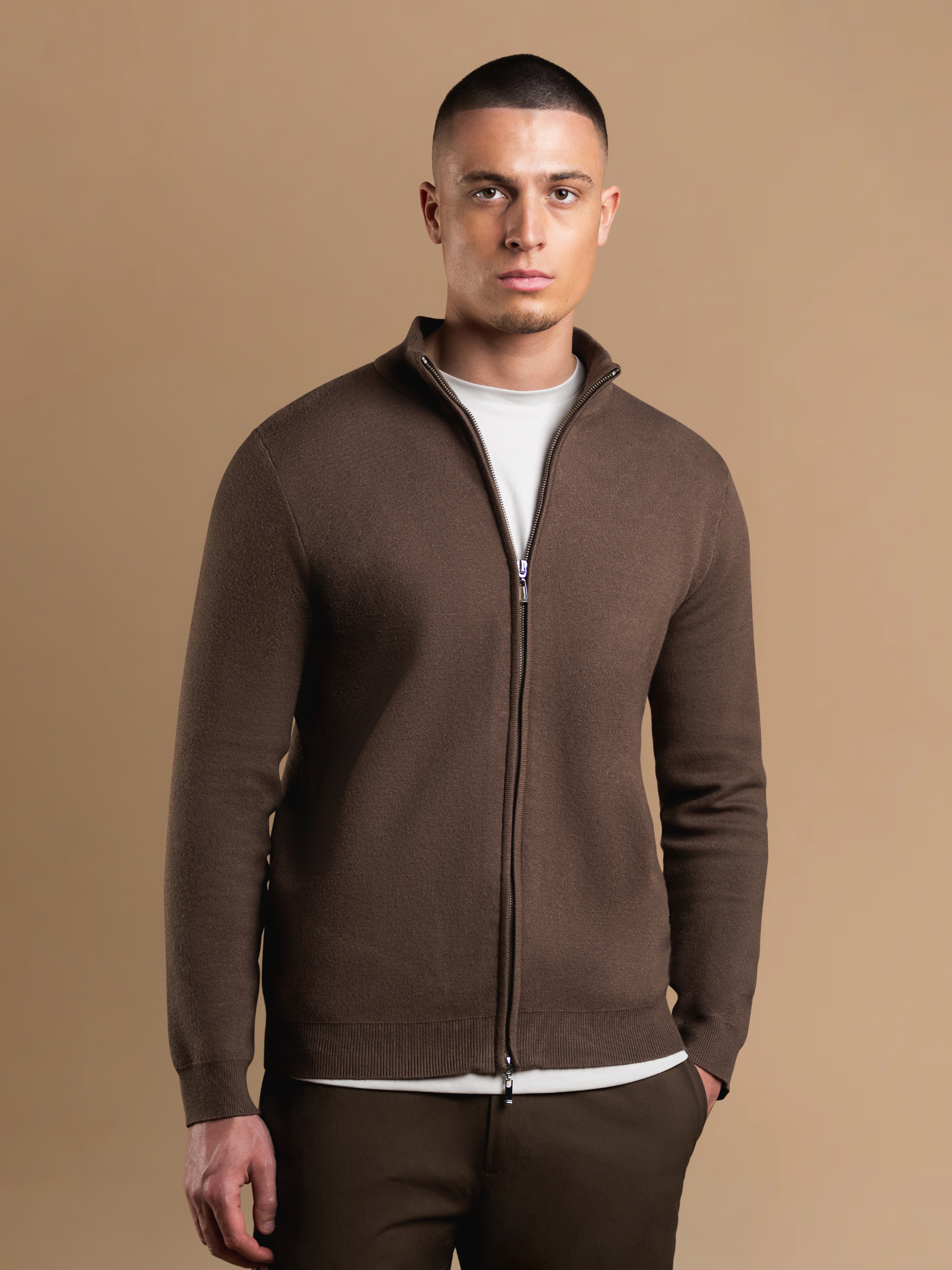Knit Zip Cardigan - Brown