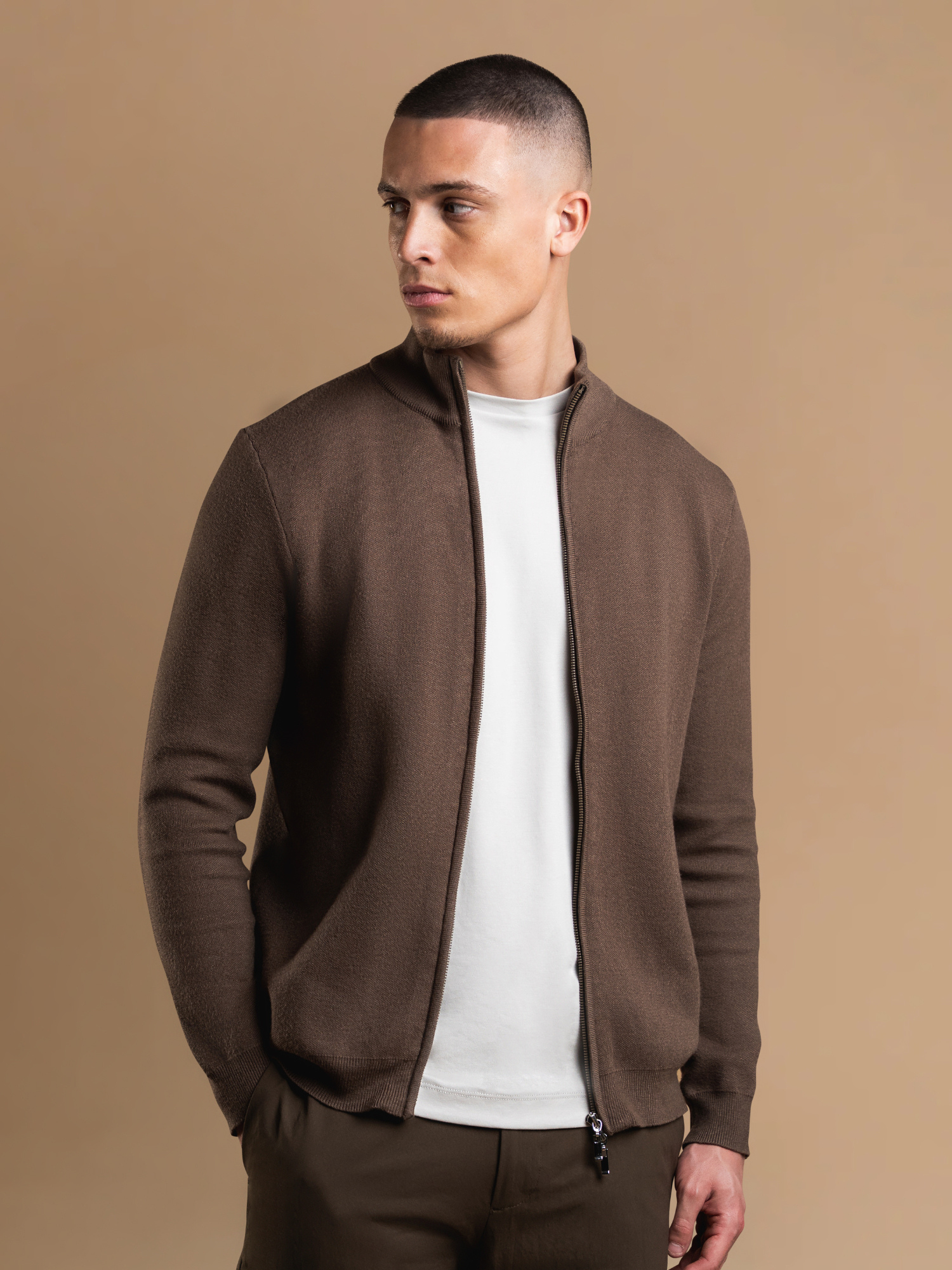 Knit Zip Cardigan - Brown
