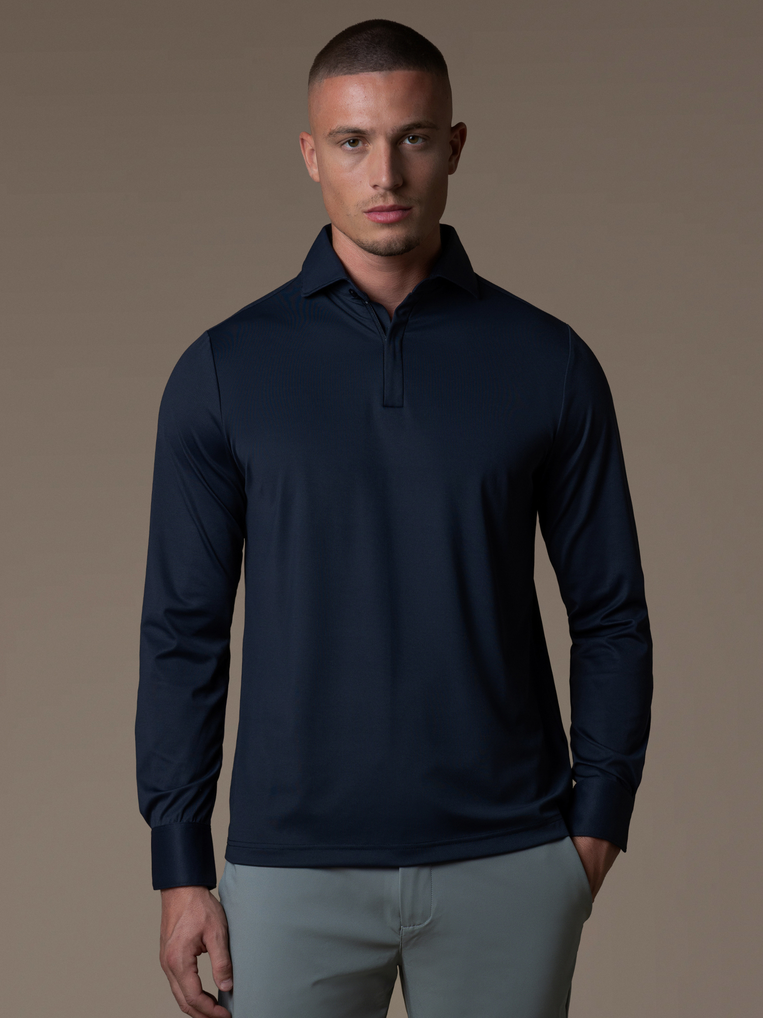 Tech Zipper Longsleeve Polo - Navy