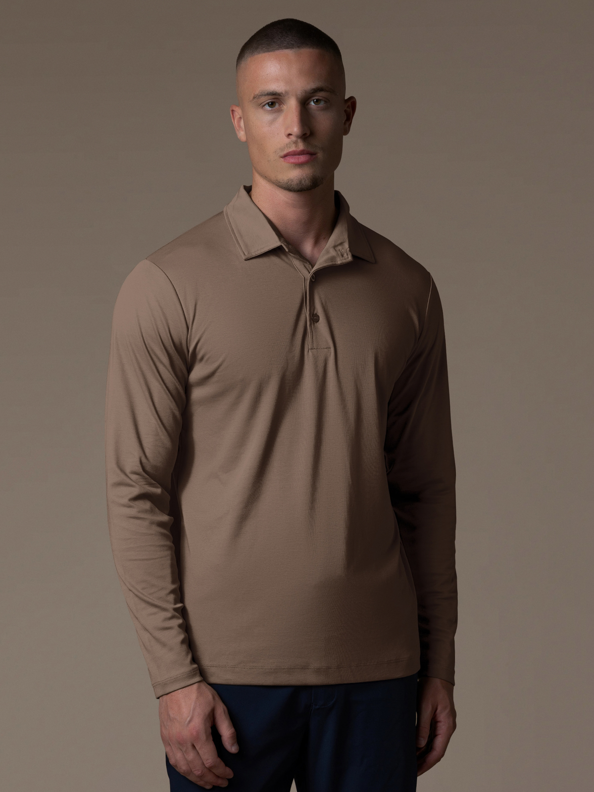 Lux-poloskjorte med lange ermer - Mocca