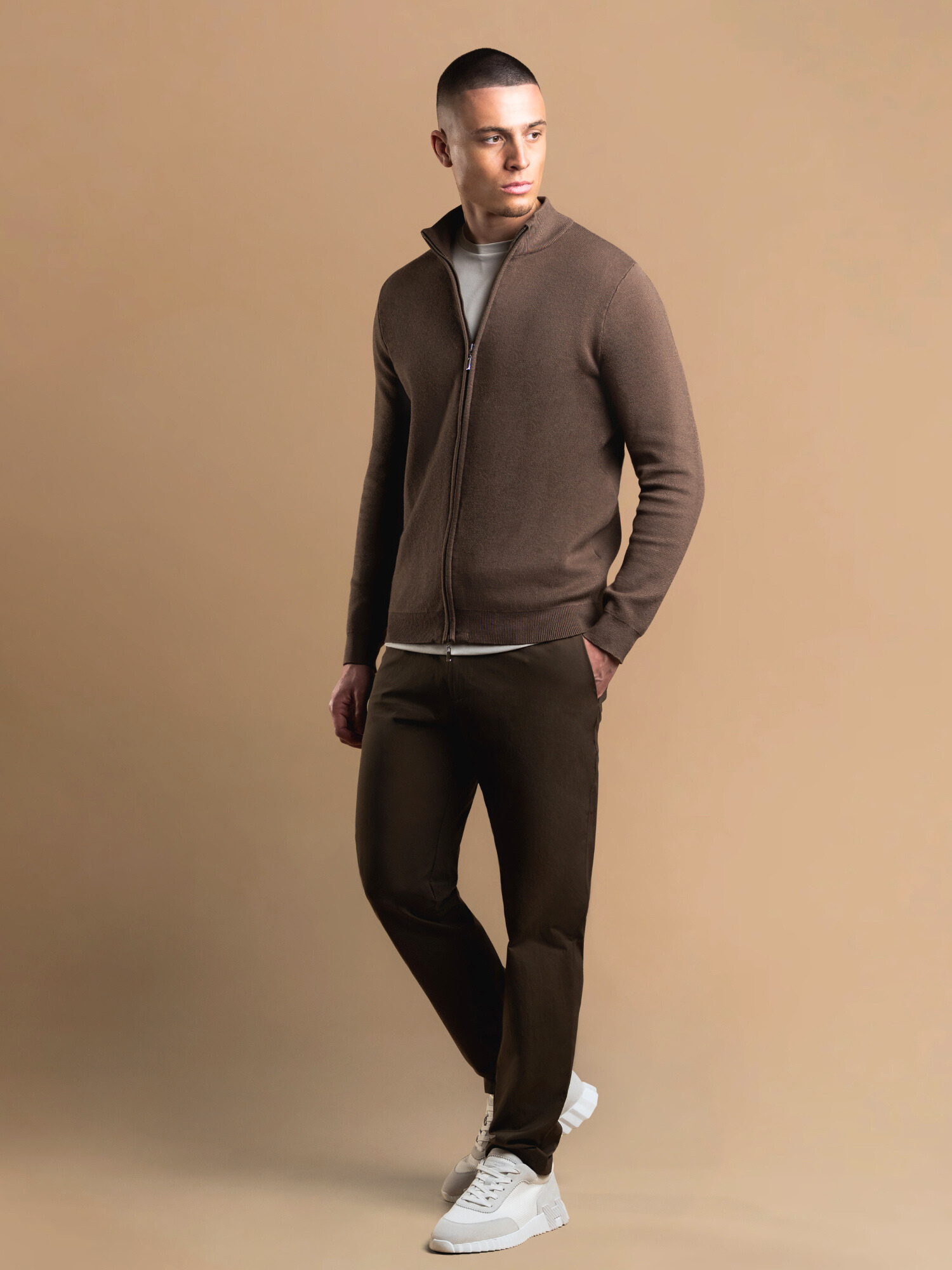 Knit Zip Cardigan - Brown