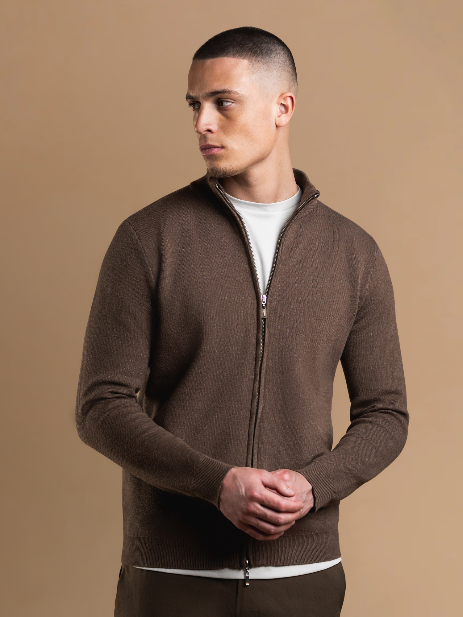 Knit Zip Cardigan - Brown